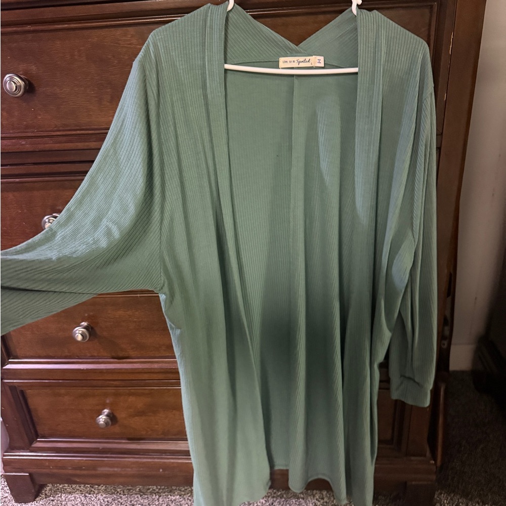 Ribbed Open Front Cardigan in Green